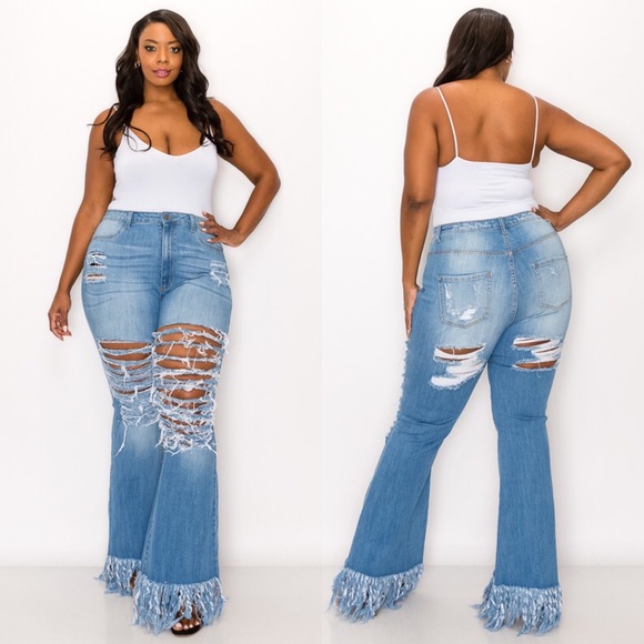 M.A.P Jeans Denim - Plus Distressed Fringe High Waist Jeans